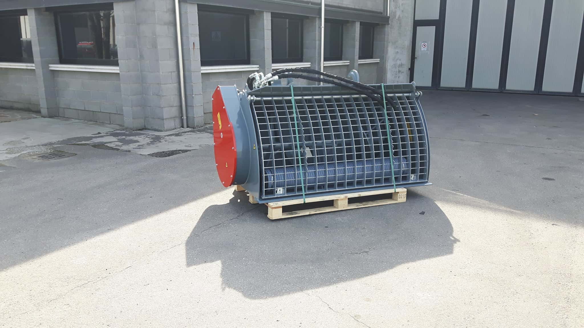 Industrial equipment pallet in front of building